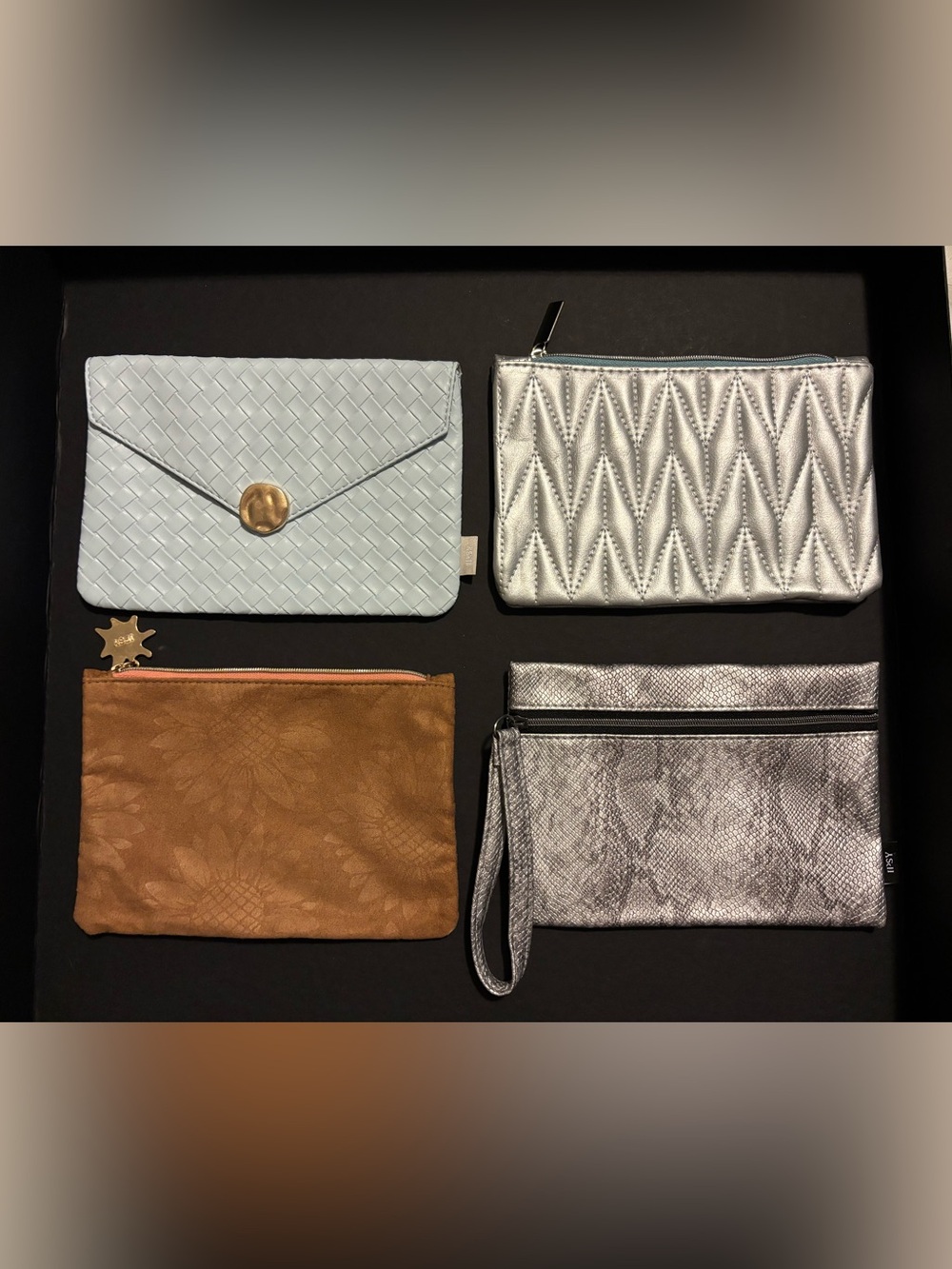 ipsy Metallic & Tan Cosmetic Pouch Set - Silver, Light Blue, Tan, Metallic Gray